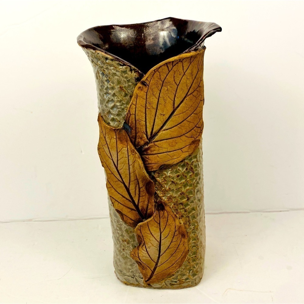 POTTERY vase leaves large fall tones autumn autumnal brown tan beige studio made